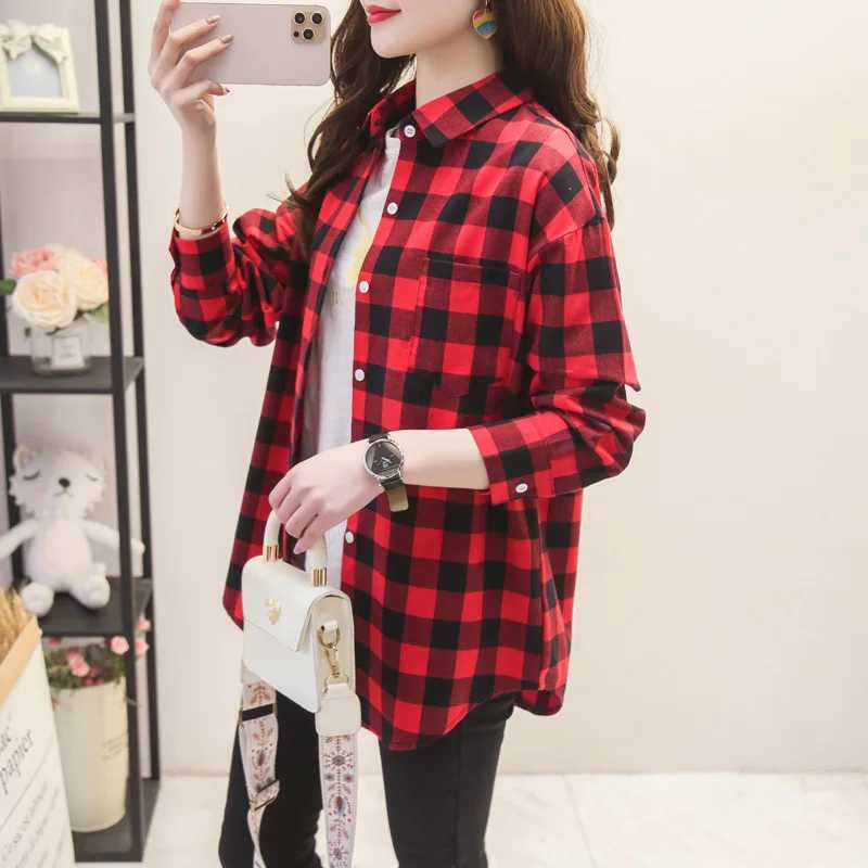 Frauen T-Shirt New Womens Langarm rotes schwarzes Flanell-Hemd Top Marke Casual Lose Womens Plaid Shirt2405