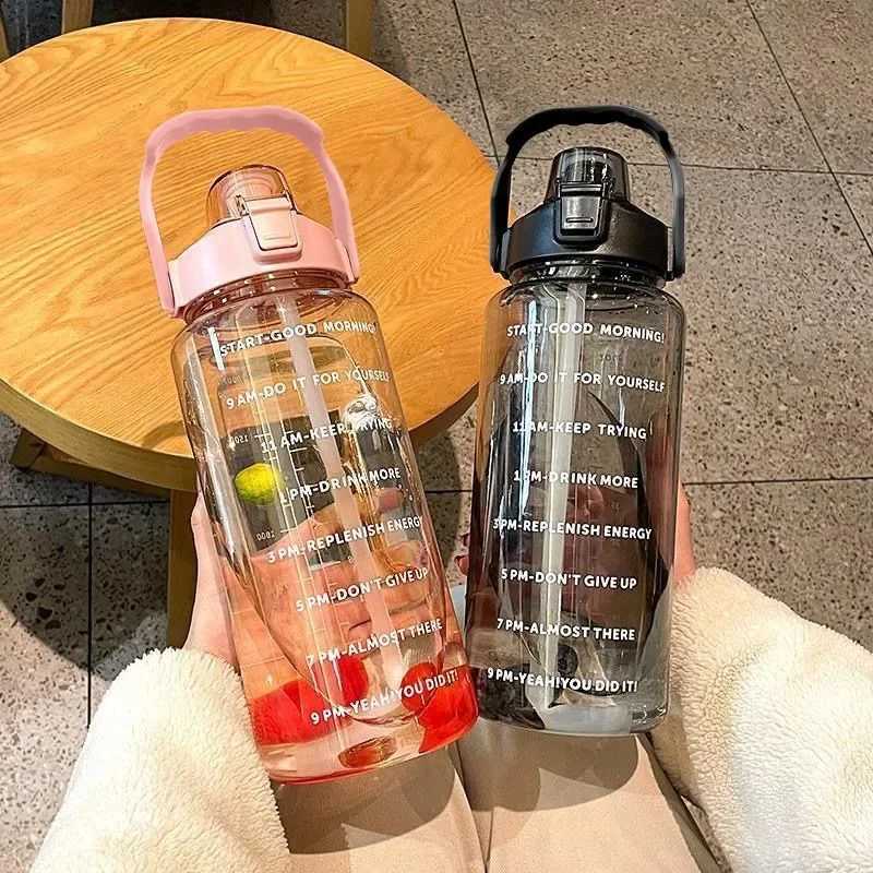 Tumblers 2L Straw Plastic Water Bottle Large Portable Travel Sports Fitness Cup High Value Big Fat Universal with H240506