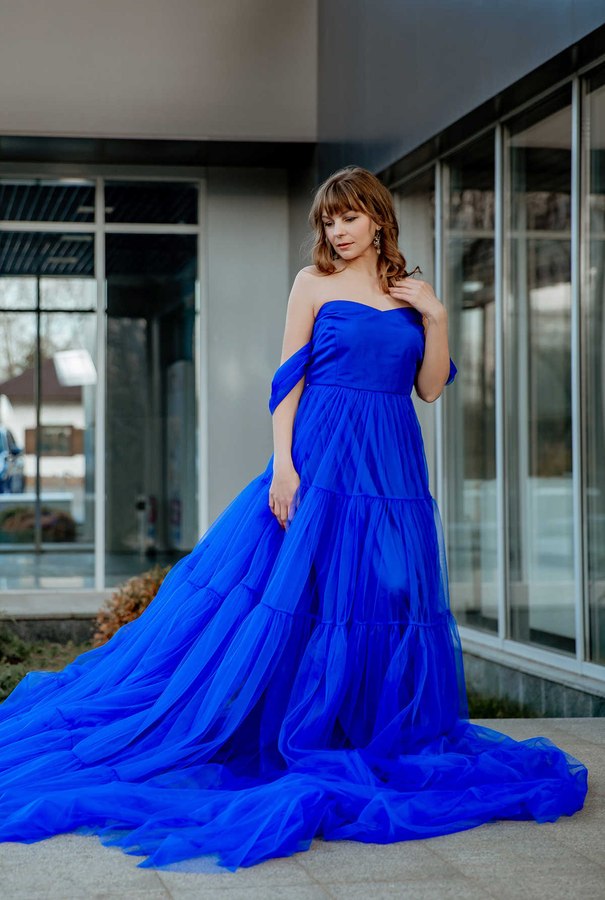 Deep Blue A-Line Prom Dresses Strapless Short Sleeve Sweep Train Pick-ups Tiered Celebrity Evening Dresses Plus Size Custom Made L24654