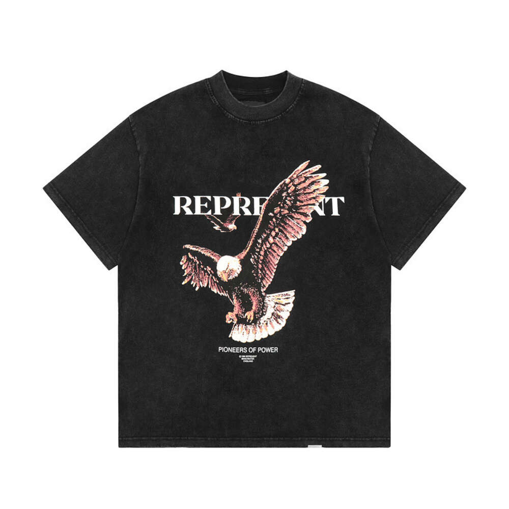 REPRESENTANTE VINTAGE 22SS EAGLE Slogan lavou a camiseta de manga curta do pescoço de verão velha de verão