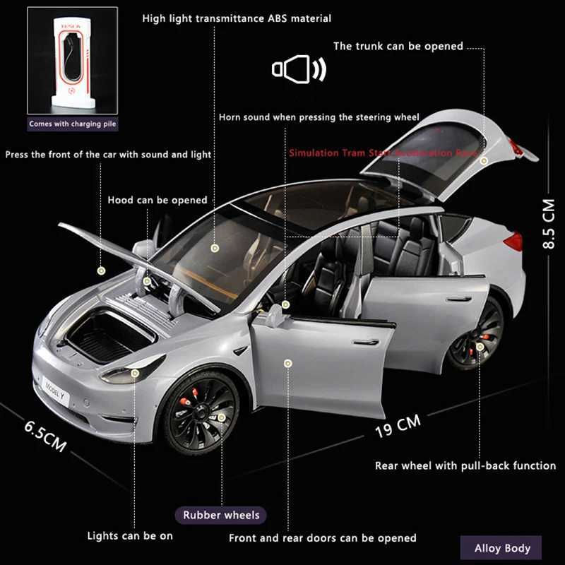 Diecast Model Cars 1 24 Simulation Tesla Model Alloy Car Model New Energy Vehicle Sound and Light Pull Back Toy Car Boys Series Decorative GiftsL2405