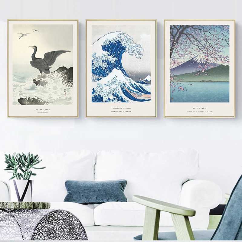 Papéis de parede Hokusai Ohara Koson Japanese Wave Abstract Canvas Wave Wall Art Wall Art Scandinavian Poster Sala de estar Decoração em casa J240510
