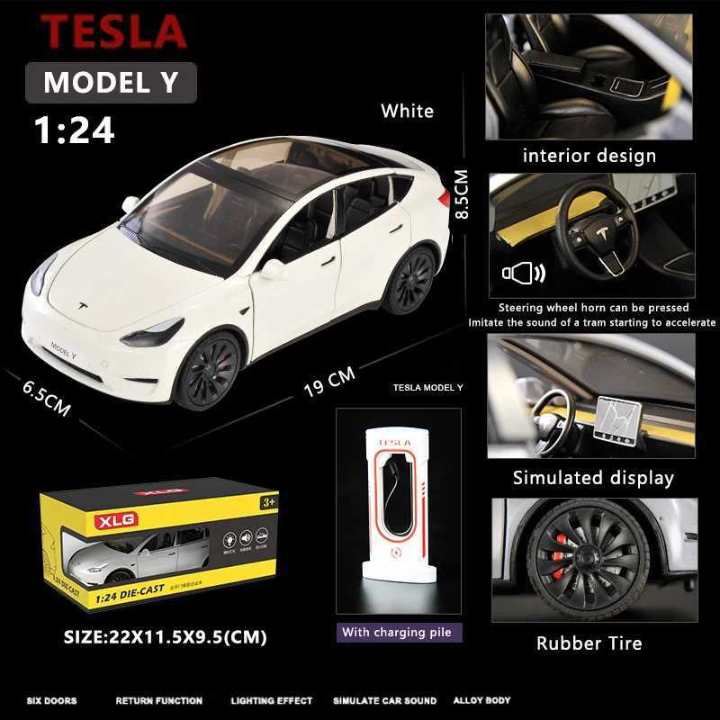 Diecast Model Cars 1 24 Simulation Tesla Model Alloy Car Model New Energy Vehicle Sound and Light Pull Back Toy Car Boys Series Decorative GiftsL2405