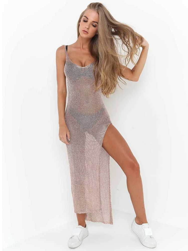 Dames strand dragen sexy SHR NET MESH gebreide glitter tuniek strand cover cover-ups Long Beach Jurk strand dragen strandkleding vrouwelijk vrouwen gewaad y240504