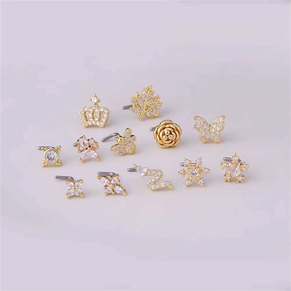 Body Arts Gift Butterfly Star Snake Crown Punk Style Zircon Nose Nail Titanium Steel Piercing Jewelry L Formed Noses Studs D240503