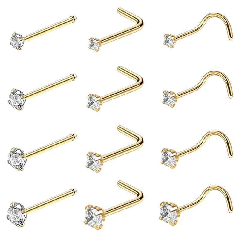 Arts du corps Crystal Nasing Ring Stud Set L Forme en acier inoxydable Twist CZ Nez Pack Pack 1,5 2 mm 2,5 mm Ringage du nez Set Piercing Nez Lote D240503