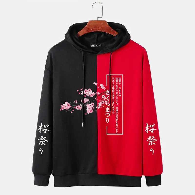 Herren Hoodies Sweatshirts CharmKPR 2023 Japanischer Stil Fashion Herren Sakura gedruckter Pullover lässig zwei Töne Patch Arbeiten Kordelkordel Hoodie S-2xl Q240506