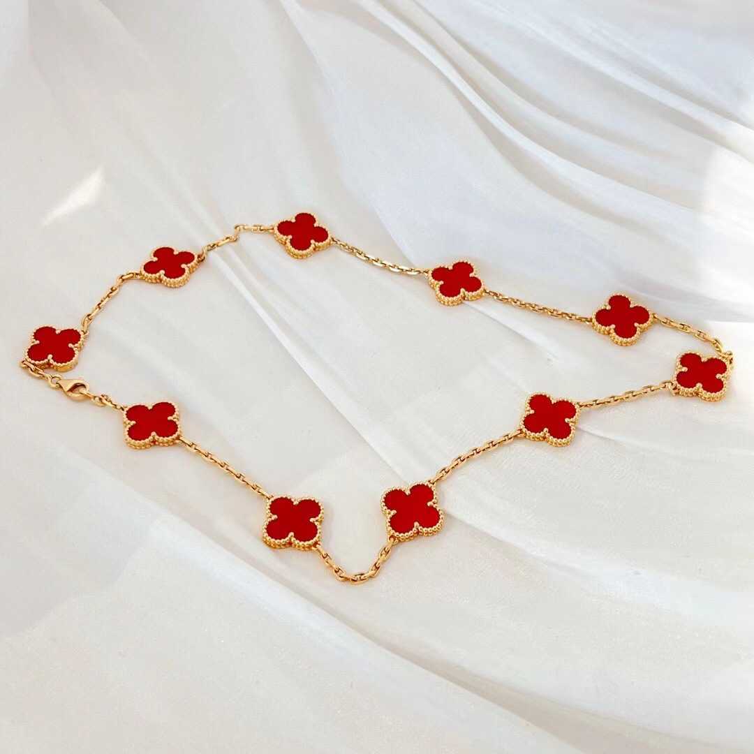 Fashion V Gold Van Double Sided Four Leaf Grass Ten Flower Necklace Thick Plated 18K Exquisite Red Chalcedony With logo