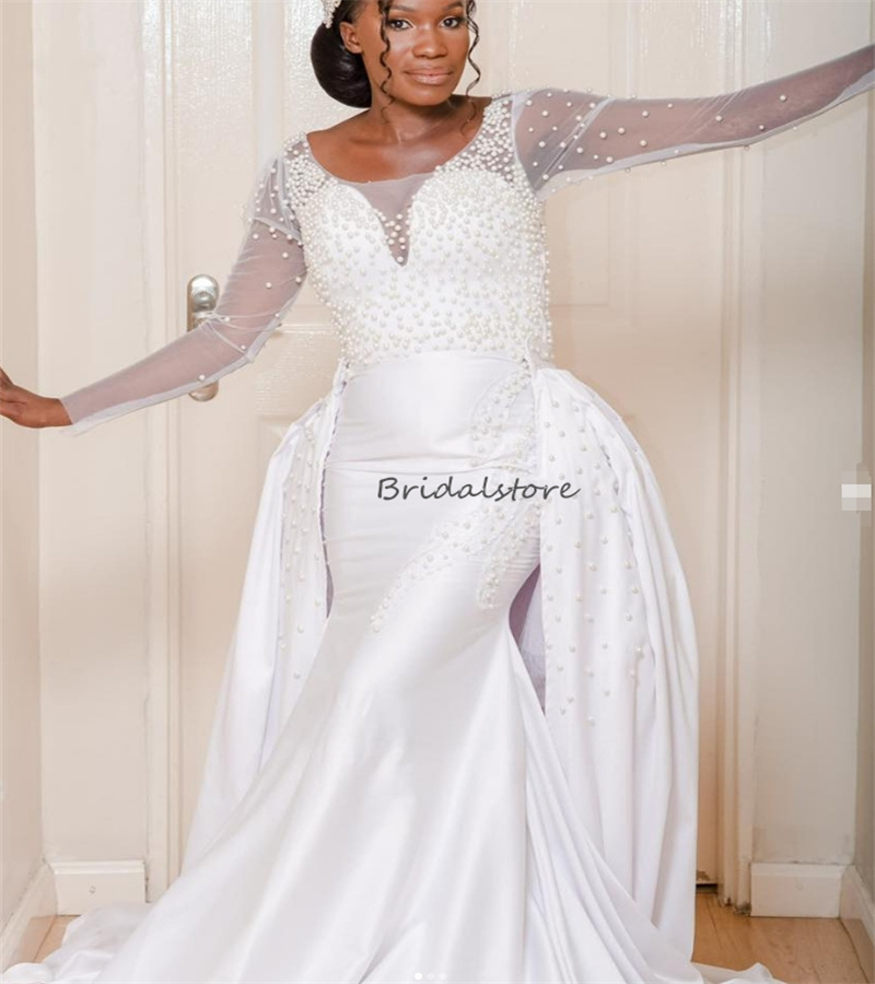 Suknie ślubne Aso Ebi Ebi -Mermaid z odłączanym pociągiem Pearki długoterminowe Nigeria African Country Bridal Sukienka 2024 2 w 1 w rozmiarze Bride Church Vestio Novia Mariage