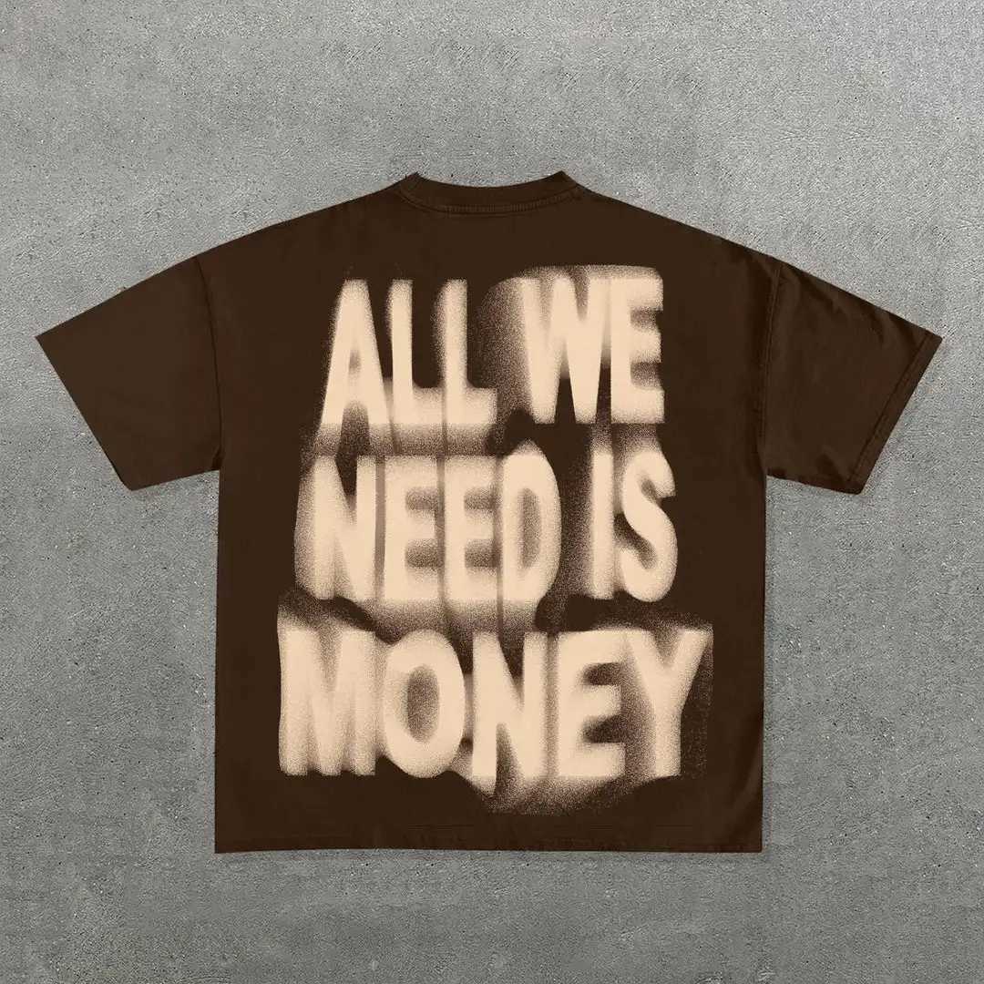 T-shirts voor heren High Strt Oversized Money Letter Graphic T Shirts Men Gothic Alle katoenen shirts paren Y2K Tops 2024 Nieuwe Goth Vrouwenkleding T240506