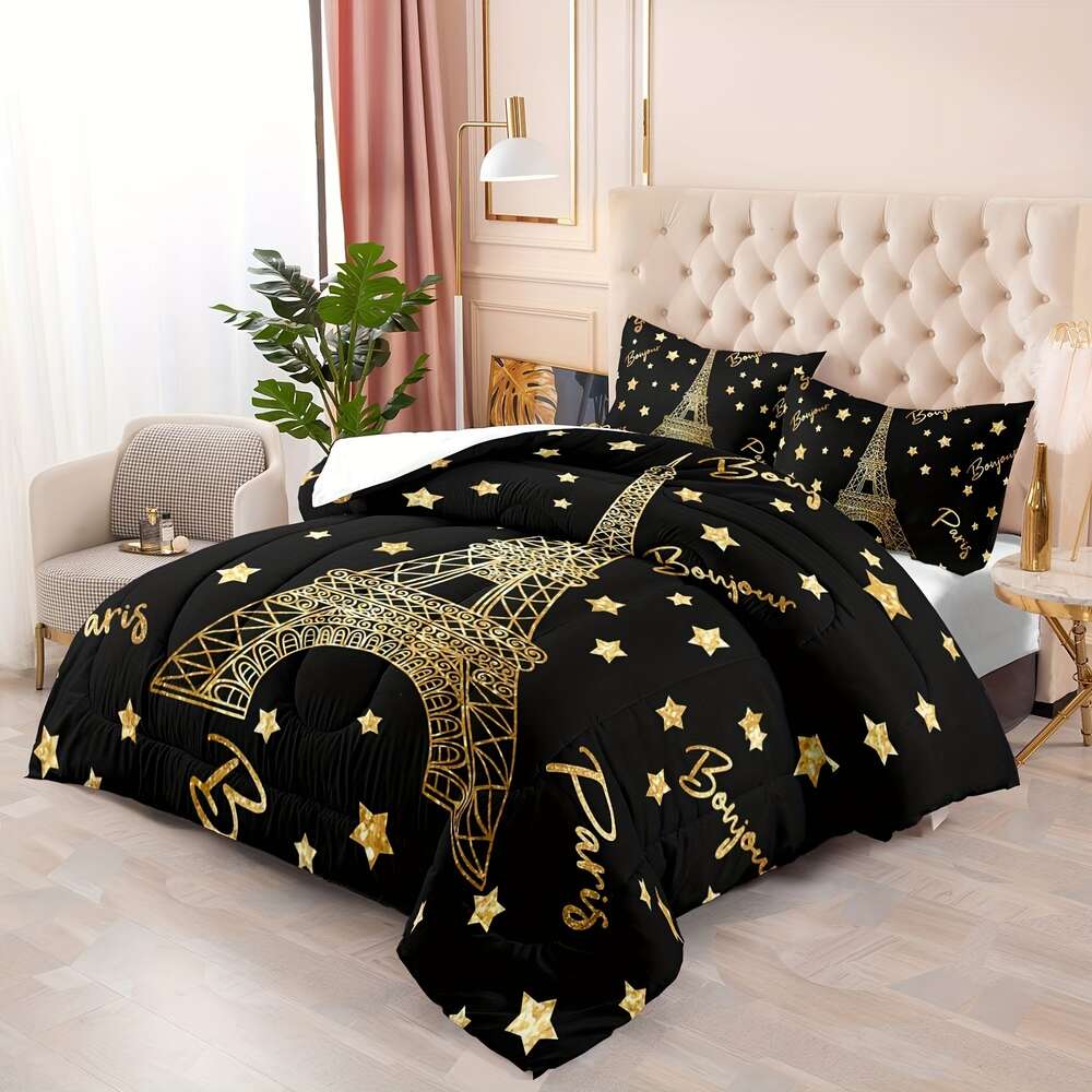 Duvet Cover Queen Size,Eiffel Tower Paris Bedding,Black Gold Set,Bedroom Sets Queen,Paris Decor for Bedroom Bedding Comforter Set Not including duvet cover and pillow