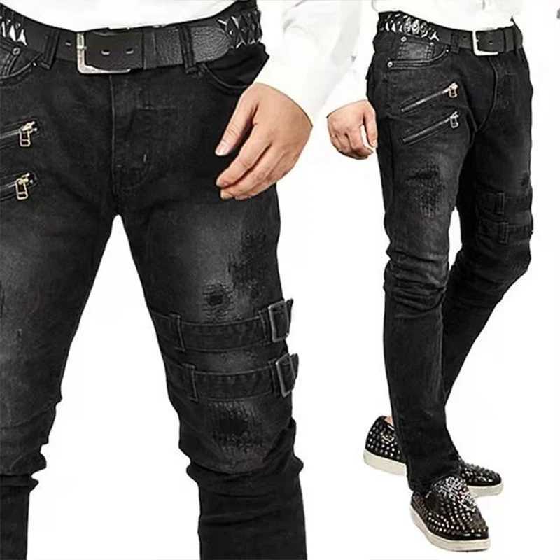 Jeans pour hommes décoration de fermeture éclair ultra-mince adapté au jean à vélo pour hommes