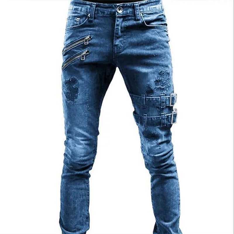 Jeans pour hommes décoration de fermeture éclair ultra-mince adapté au jean à vélo pour hommes