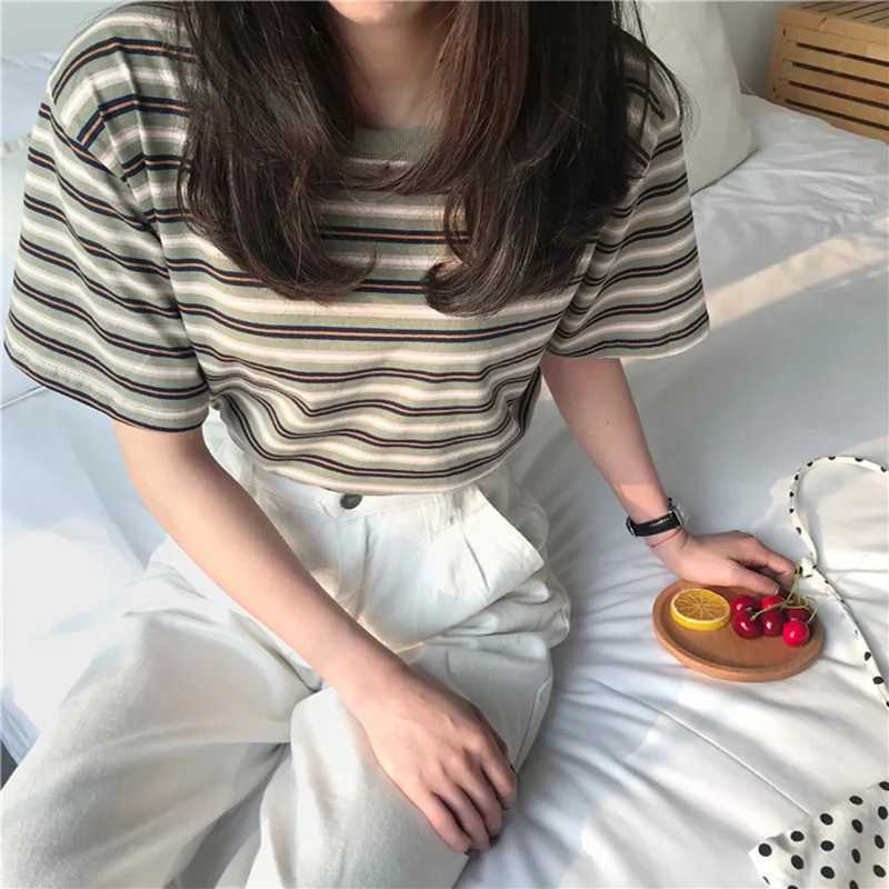 Frauen T-Shirt Sommer Koreanische Version Loose Striped T-Shirt Womens Kurzärmele Runde Hals Trendy Topl2405