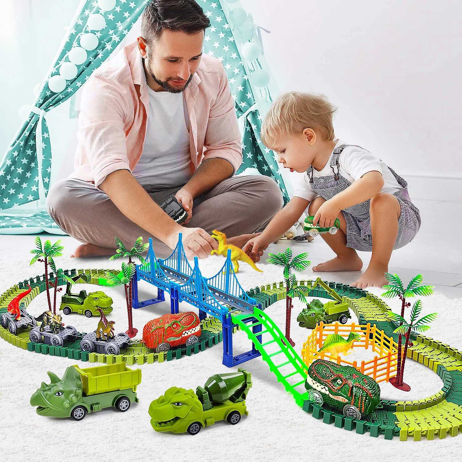 Andra leksaker Childrens Electric Magic Climbing Dinosaur Track Toy Engineering Car Childrens Track Car Train Toy Childrens Birthday Giftl240502