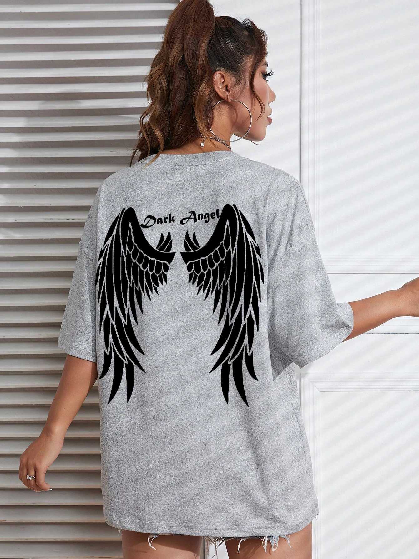 Frauen T-Shirt Schwarze Engel Wings heiß verkauft grafisch gedruckte Damen T-Shirts Lose übergroße Kleidung Hip Hop Street T-Shirts Baumwolle Kurzarm