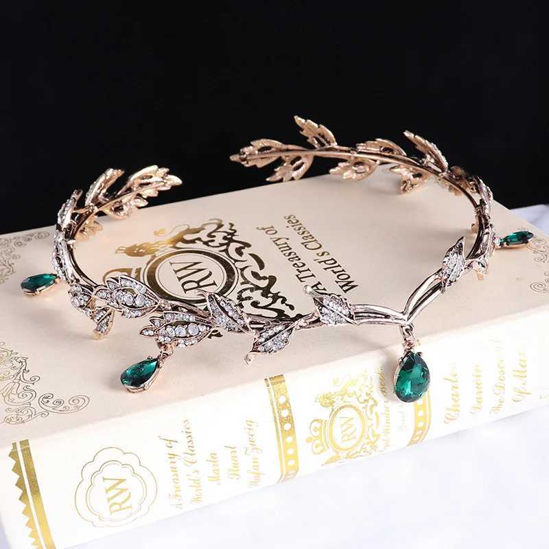Stirnbänder Kmvexo Vintage Schwarz Emerald Grüne Fairy Krone Kopfstück Kristallblatt Elf Kopfbedeckung Bandana Womens Kleidung Hochzeit Haarzubehör Q240506
