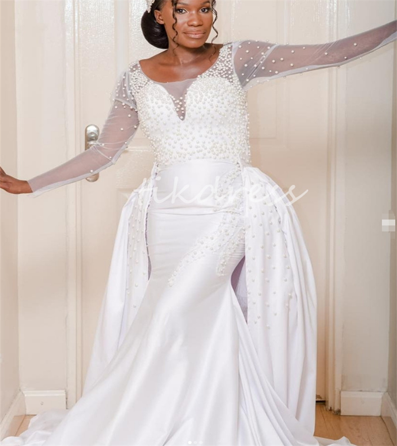 Wspaniałe sukienki ślubne Aso ebi ebi -syrena z odłączanym pociągiem Pearls Długie rękaw Nigeria African Country Sukienka ślubna 2024 2 w 1 w rozmiarze Plus Church Bride Vestio Novia