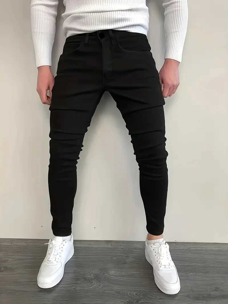 Heren jeans heren jeans elastische strakke denim broek massief zwart blauw herfst zomer luxe straat harajuku hiphopstijl ultradunne fit broeksl2405