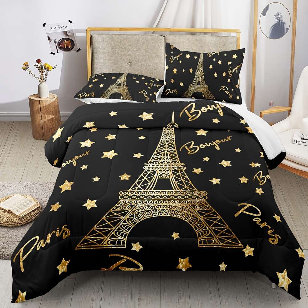 Copertura del piumone matrimoniale, Torre Eiffel Parigi da letto, set oro nero, set di camere da letto Queen, decorazione di Parigi set di trapunte letti camera da letto escluso il copripiumino e il cuscino