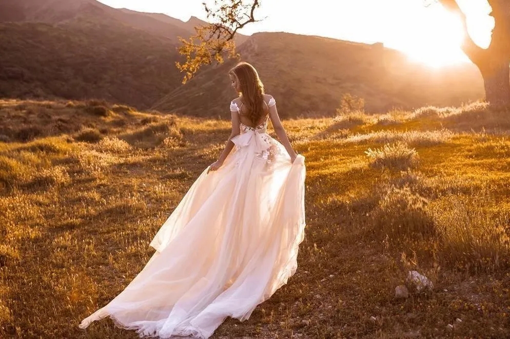 Élégants robes de mariée à l'arrière ouvert 2024 Gapes à manches plafonnées Appliques de dentelle d'été Boho Tulle Bridal Robes avec train