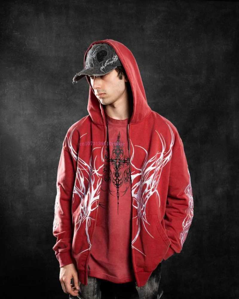 Herrtröjor tröjor blixtlås med fast färg hoodie jacka mens gotisk design explosivt mönster tryck långärmad hoodie lös topp q240506