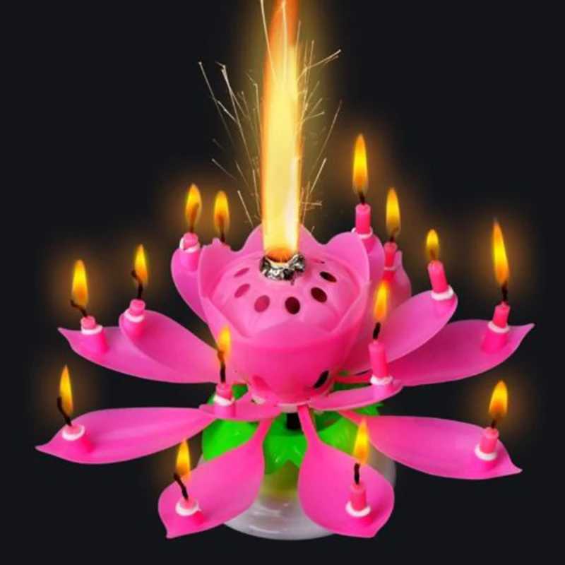 velas de aniversário bolo de vela de decoração diy festas de casamento bolo de aniversário girando lotus flor música vela decorações eletrônicas