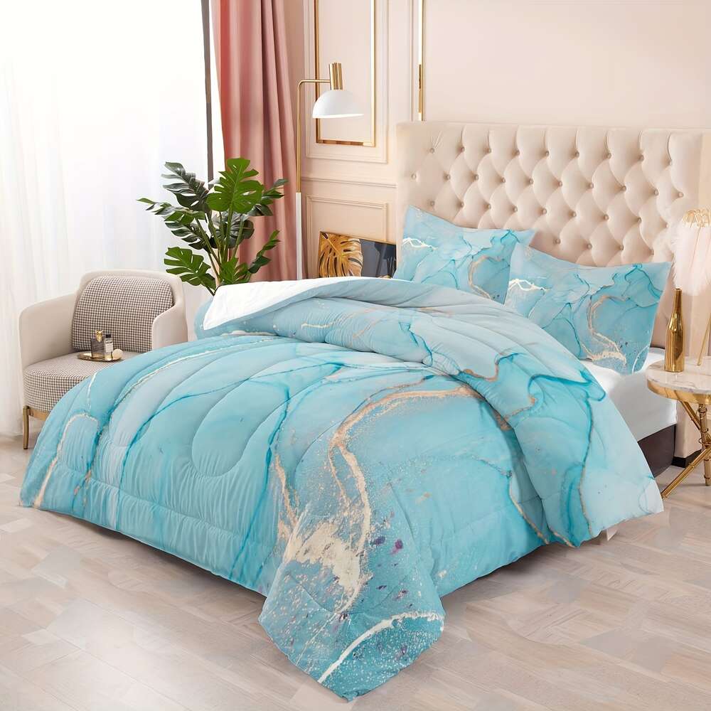 Däcke Cover Marble Full, Blue Set Quilt, Light Gold Set, Marble Set Full, Bedroom Comporter Blue Bedding Full Size Inklusive täcke och kuddkärna