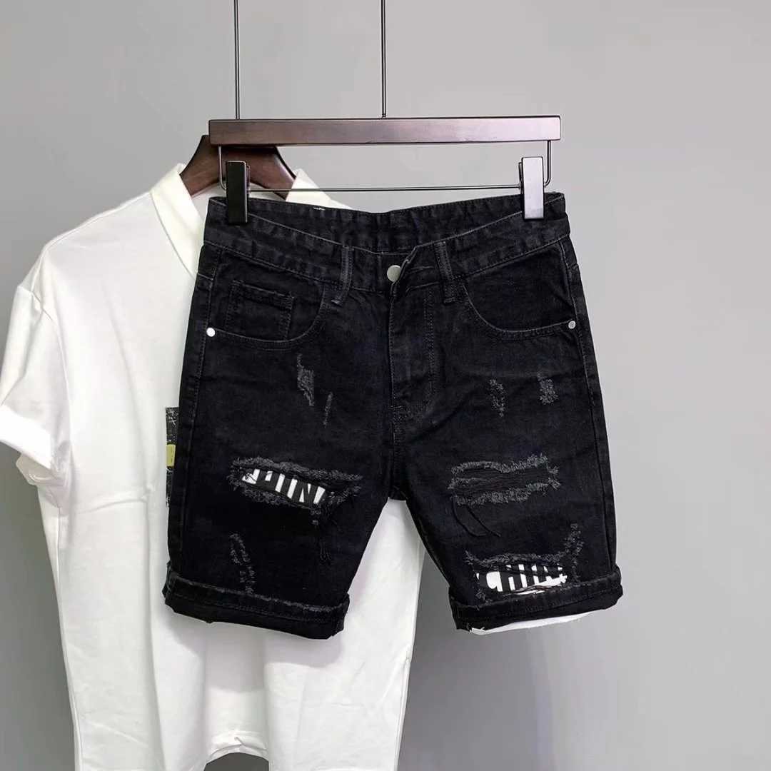 Jeans masculin New Mens 2023 Hole autocollants coréens mode coréen ultra-mince short jean jambe shortsl2405