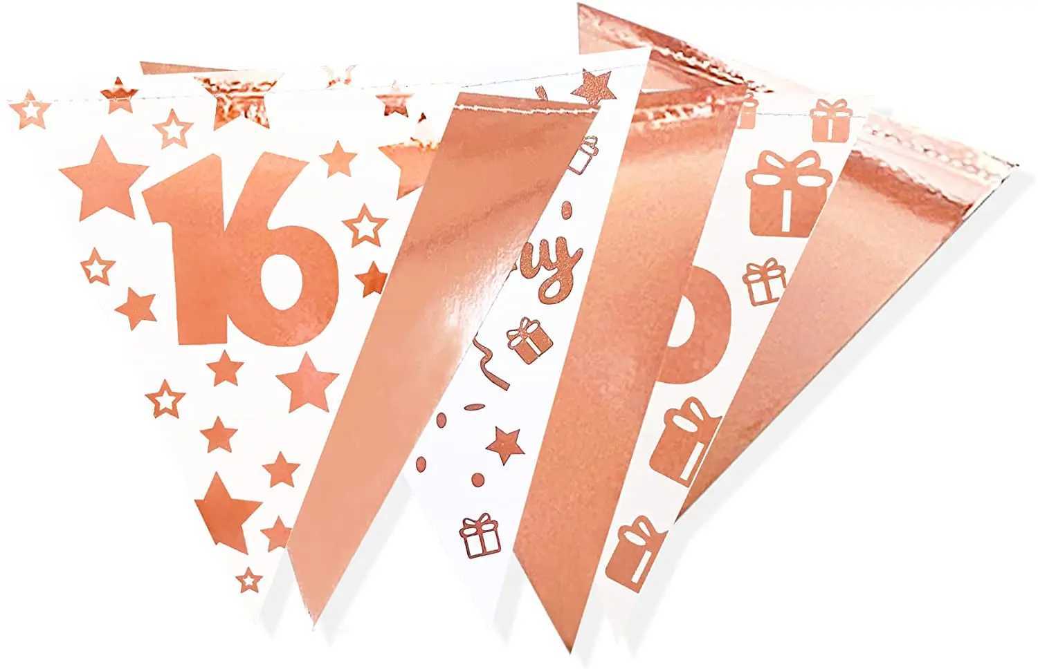 Banner Flags Rose Gold 16th Happy Birthday Banner Bunting Triangle Flag Pennant Garland for 16th Birthday Hanging Decorations Sweet 16 Decor