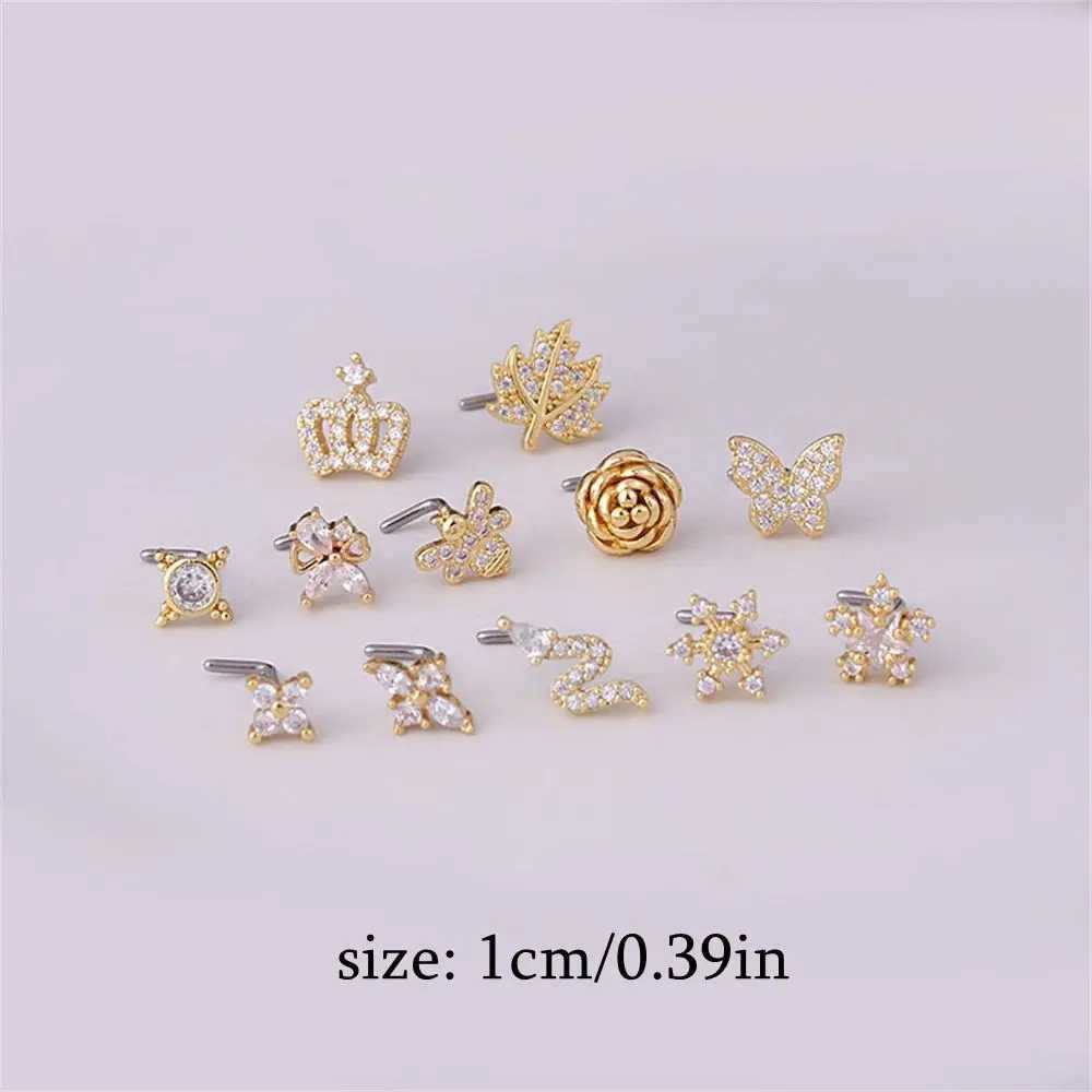 Body Arts Gift Butterfly Star Snake Crown Punk Style Zircon Nose Nail Titanium Steel Piercing Jewelry L Formed Noses Studs D240503