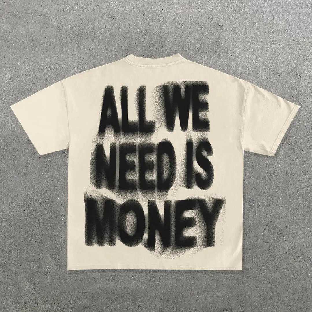 T-shirts voor heren High Strt Oversized Money Letter Graphic T Shirts Men Gothic Alle katoenen shirts paren Y2K Tops 2024 Nieuwe Goth Vrouwenkleding T240506