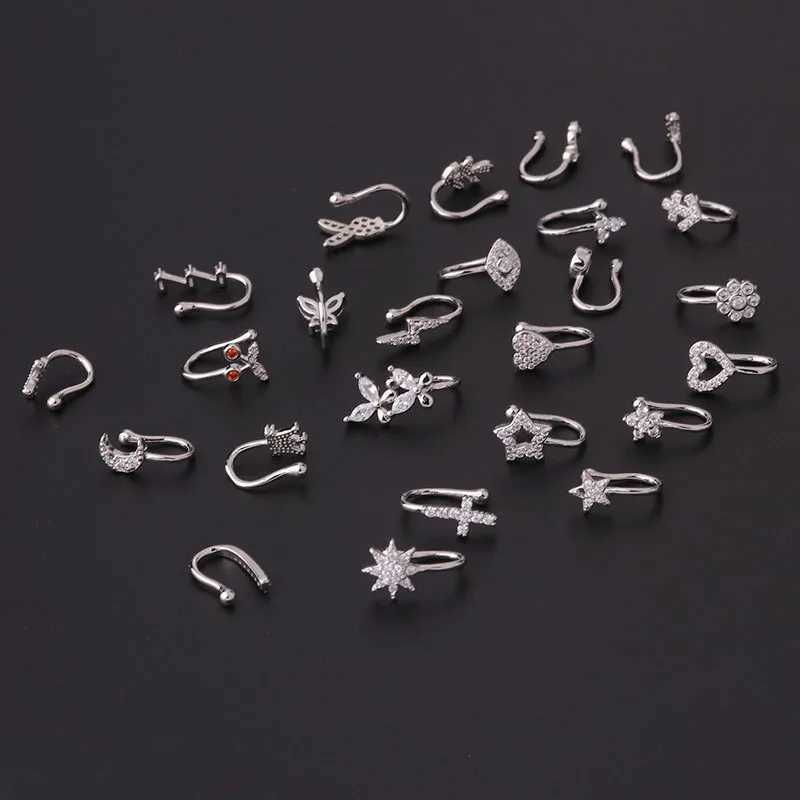 Body Arts Novos Fake Piercing Clip Nariz Ring Jewelry Body for Women Trend Ear punhos do coração Flores de estrela de Butterfly Clip Rings KAE197 D240503