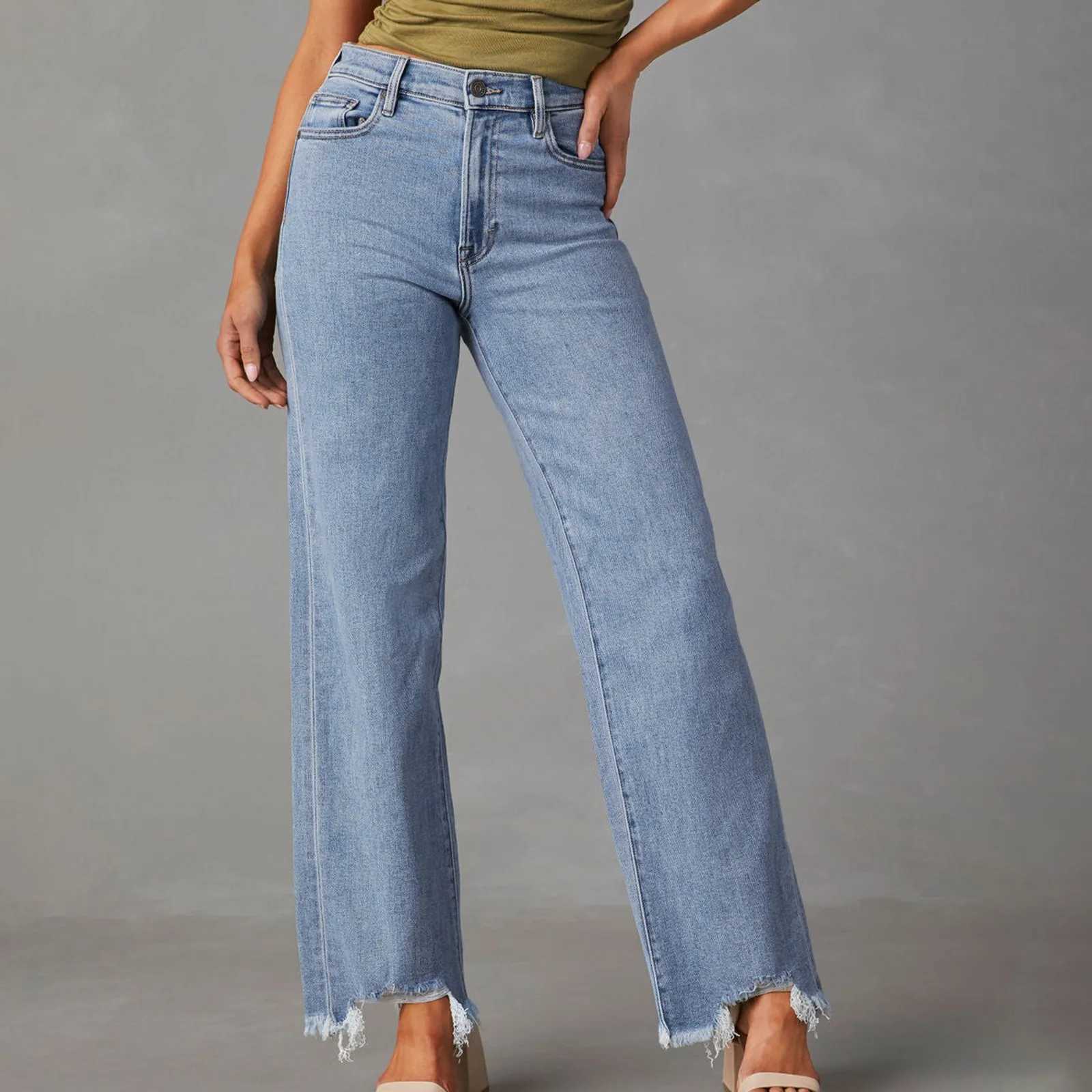 Women's Pants Capris Fringed Straight Denim Trousers For Ladies Pants Comfortable Soft Casual Jeans Wide Leg Trousers Fashion Straight Jeans 2023 Y240504