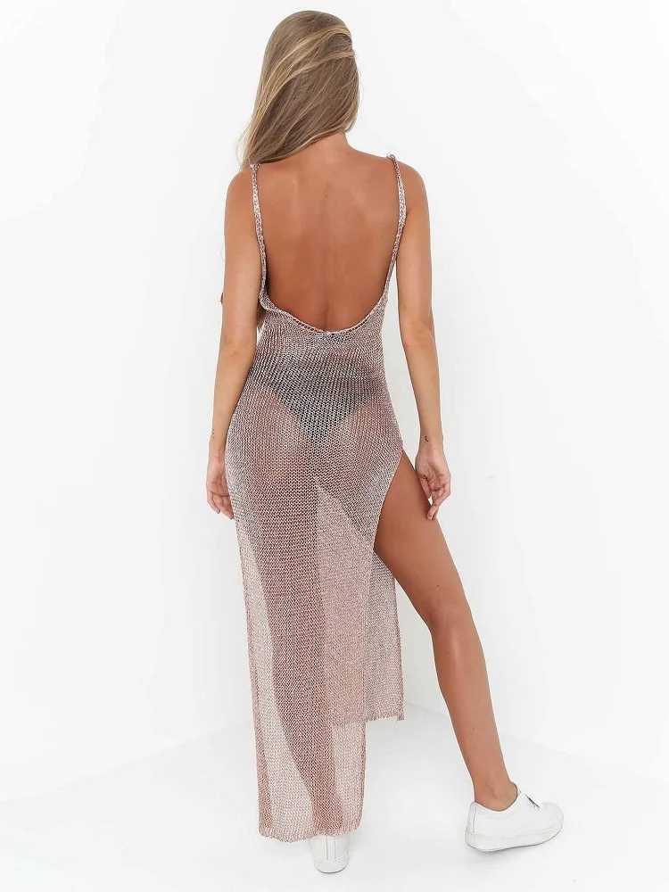 Dames strand dragen sexy SHR NET MESH gebreide glitter tuniek strand cover cover-ups Long Beach Jurk strand dragen strandkleding vrouwelijk vrouwen gewaad y240504