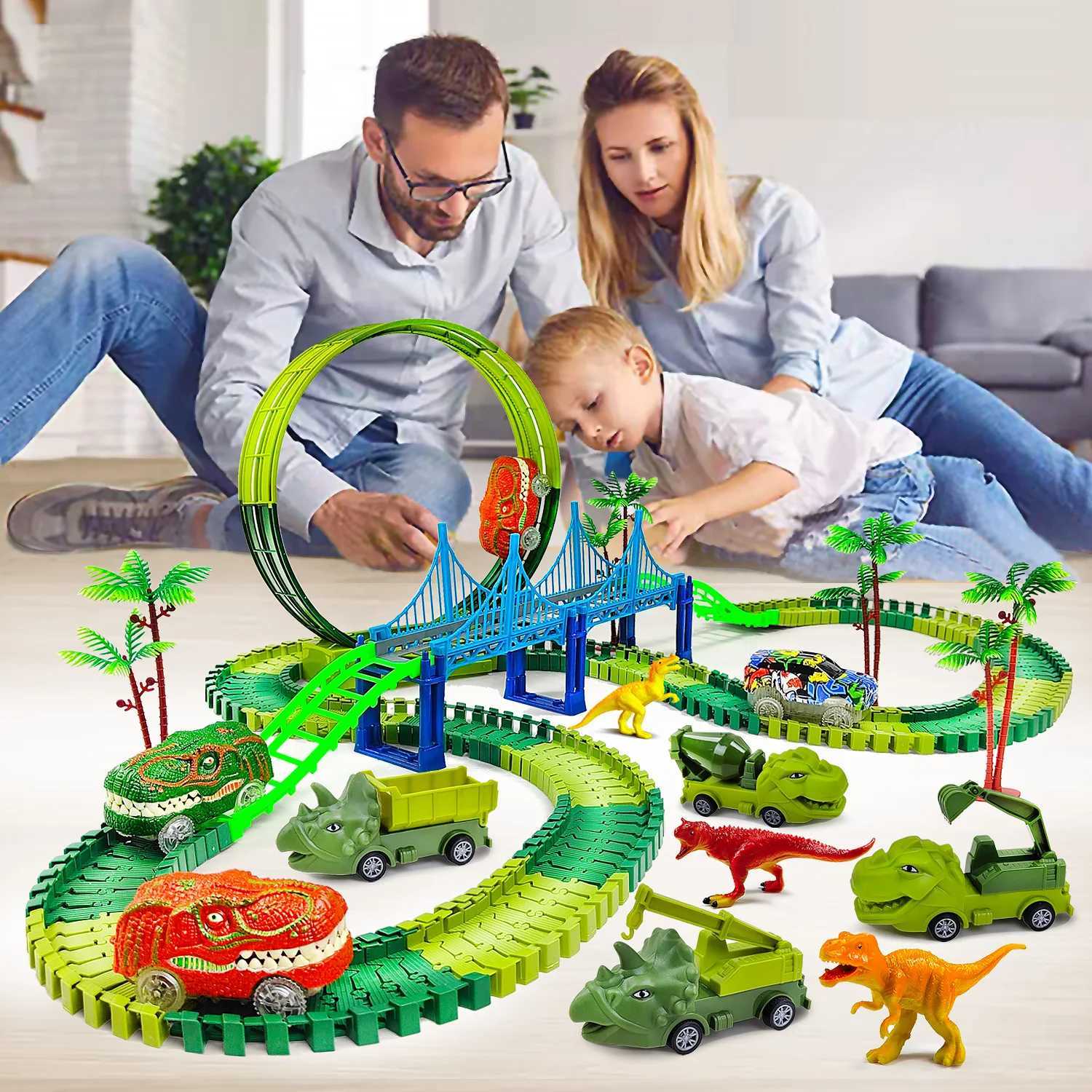 Andra leksaker Childrens Electric Magic Climbing Dinosaur Track Toy Engineering Car Childrens Track Car Train Toy Childrens Birthday Giftl240502