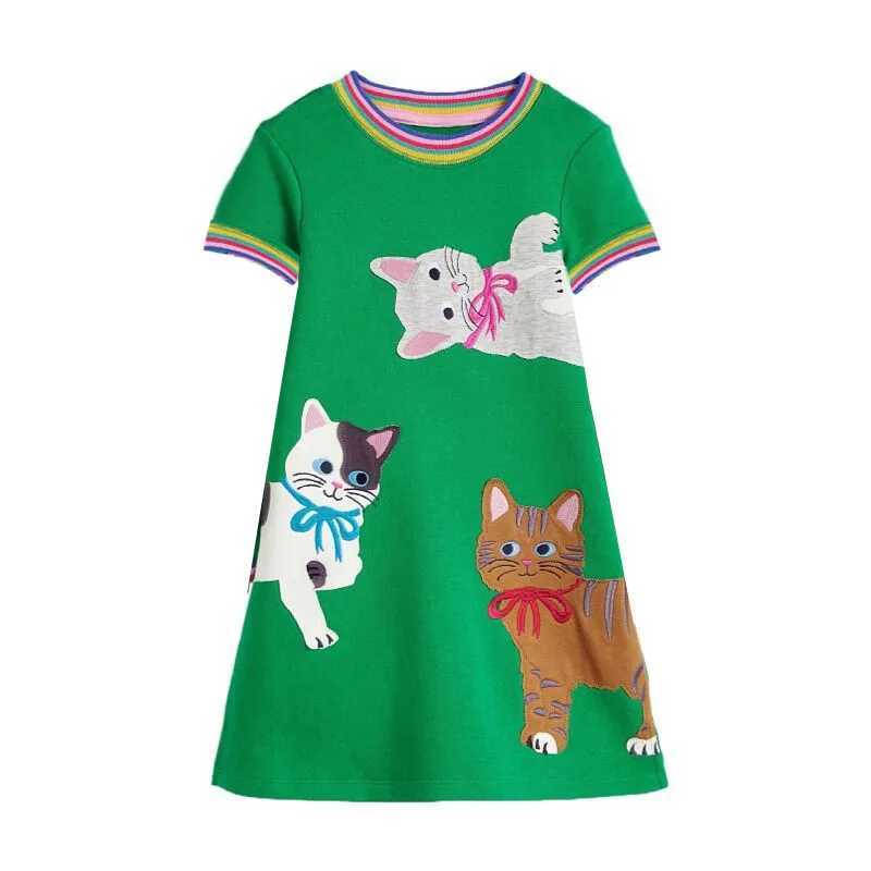 Flickas klänningar hoppande mätare 2-12t prinsessa flickor klänningar katter broderi sommar kort ärm baby kläder födelsedag barn costumel2405