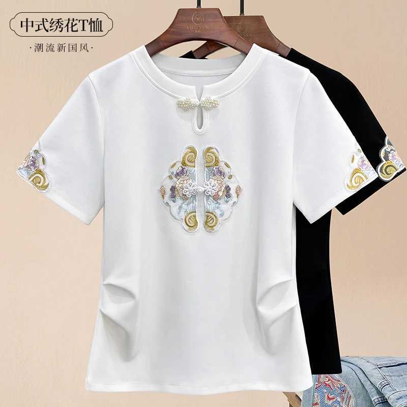 Dames T-shirt Chinese stijl damesstijl dames korte mouwen T-shirt zomer nieuwe retro knop en stud borduurwerk bovenaan dames kleding oversized t-shirtl2405