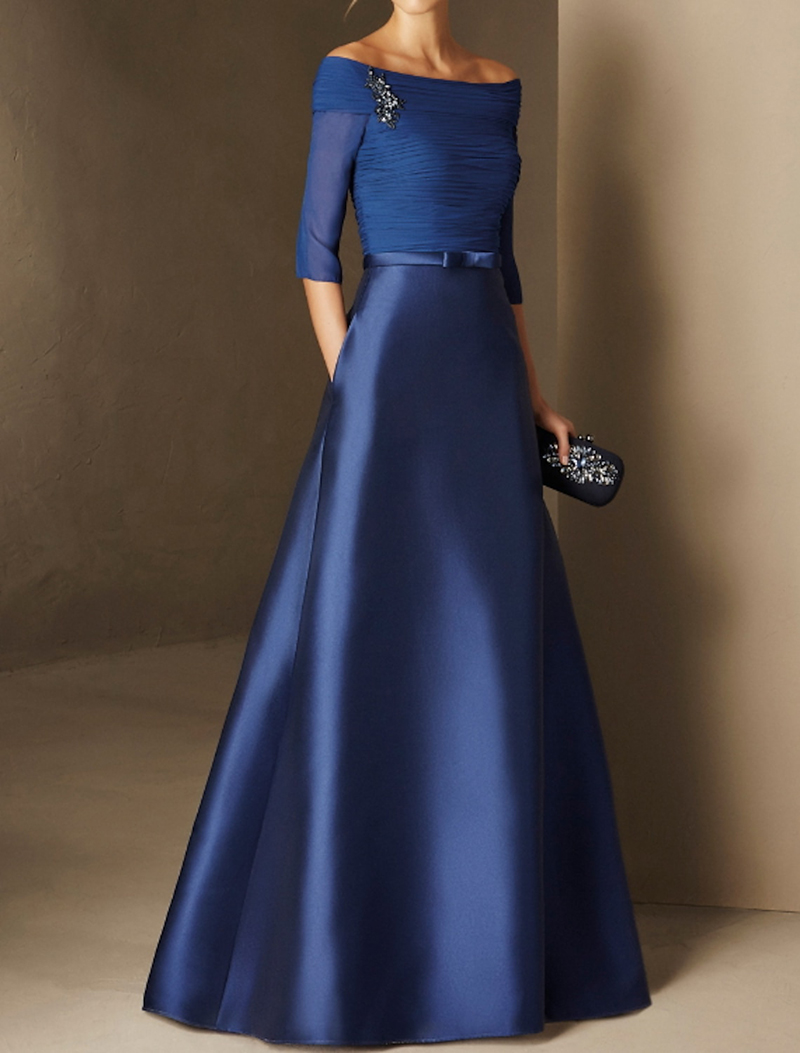 Elegante A-Line prom-jurken off-the-shoulder 1/2 mouw vloer lengte ruches Appliques pailletten kralen beroemde avondjurken plus maat op maat gemaakte b5008