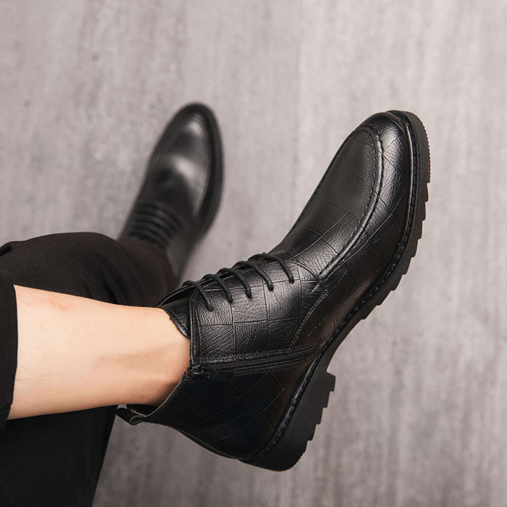 Extra Cotton Winter Businesss Young Men Leather Dress Boots Concise Ankle Boot Lace-up and Side ZIP Both