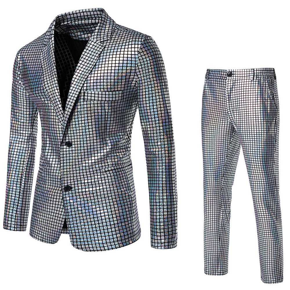 Suites para hombres Blazers Fashionable New Mens Sequin Stamping Hot Stamping Set Disco-Party Party Glub Night Nightglub Tamaño de rendimiento frío S-3XL Q240507