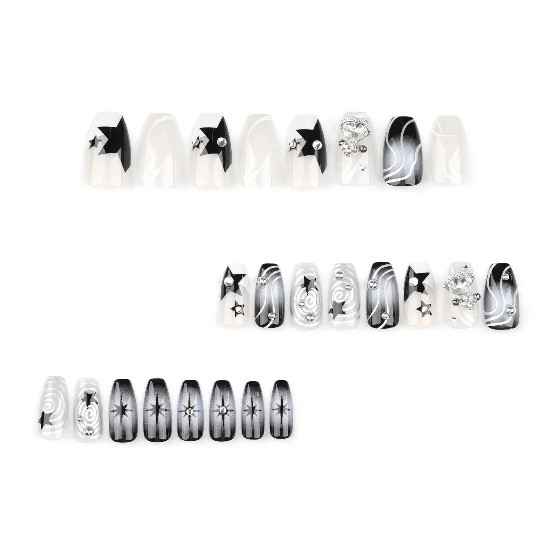 False Nails Punk Fake Nails Heavy Metal Sliver Bead Black Star Design False Nail Patch Wearable y2k Cool Girl Style Press on Nails T240507
