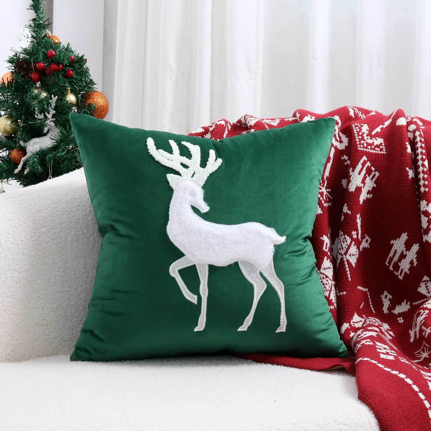Kussen/decoratief kerstpatchwork geborduurd kussenomslag rood groen merrychristmas kast fluweel huisdecoratie decoratief kussen voor bank