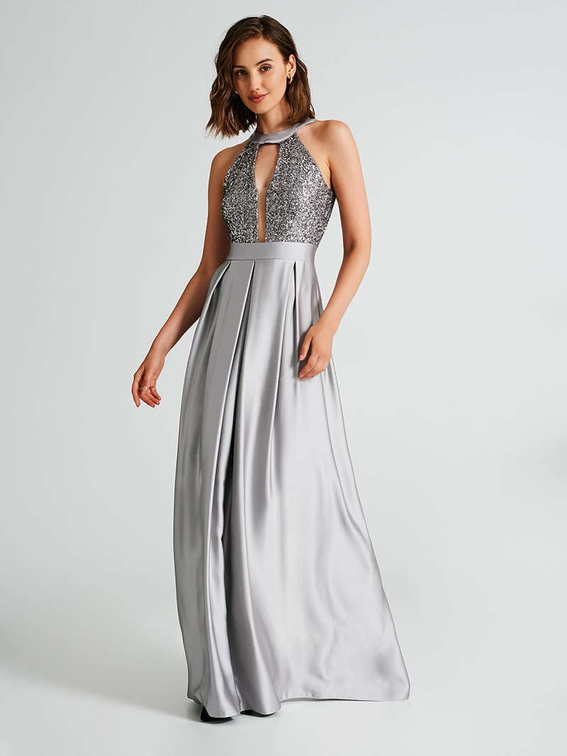 Gray Column Prom Dresses High Neck Unique Collar Design Sleeveless Floor-Length Sequins Appliques Celebrity Sexy Evening Dresses Plus Size Custom Made B5033