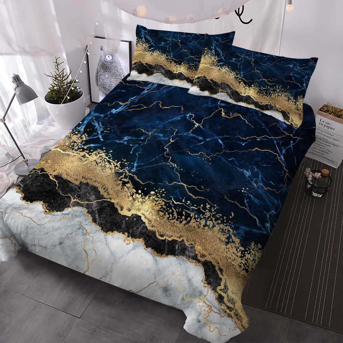 Bettwäsche-Sets Blue Gold Marmor Design Bettwäsche-Dekoration 3-teiliger Set von Down Bettbezügen mit 2 Kissen Shams für Familienbetten J240507 geeignet