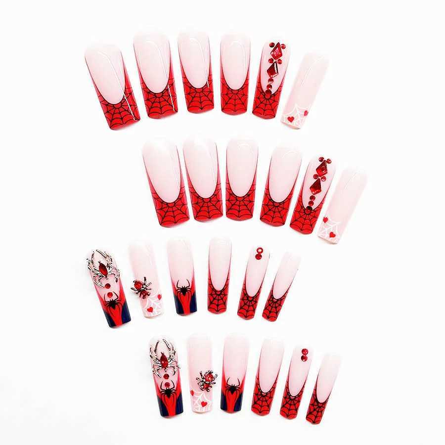 Faux Nails 3D Spider Faux Nails Red French Balletcore Press on Nails Couverture complète portable pour les femmes femmes européennes Faux Patches à ongles T240507