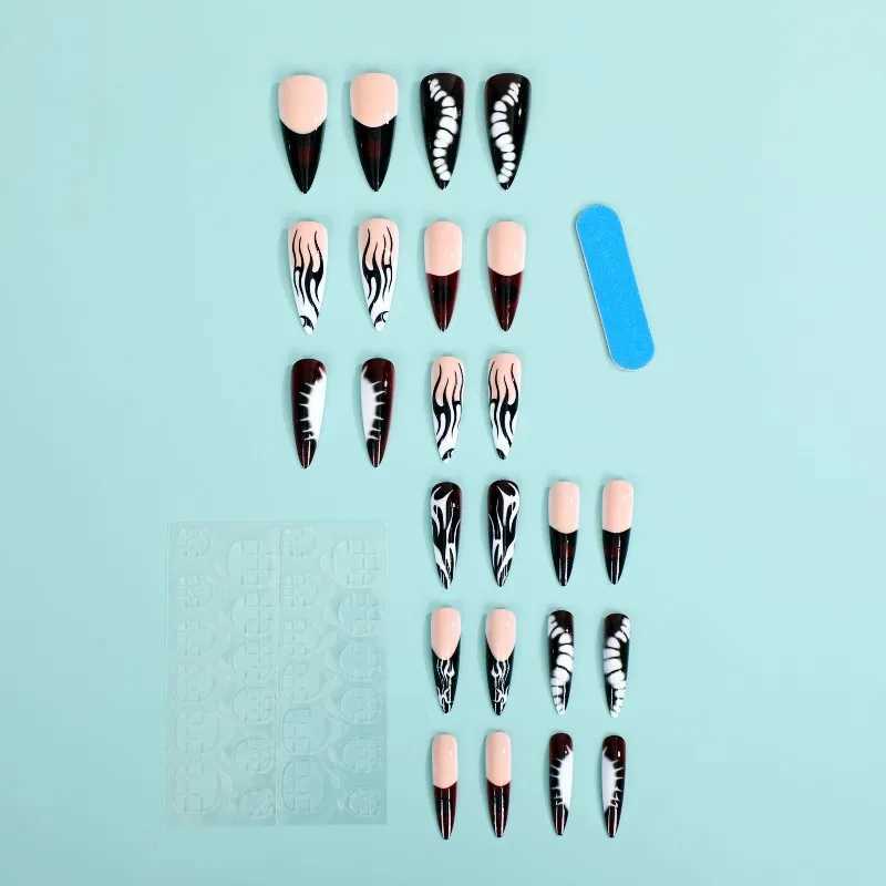 Faux Nails de long point pointu faux ongles patch cool girl gothique style artificiel pointes de ongles pressables sur les pointes des ongles pour hallown bricolage t240507