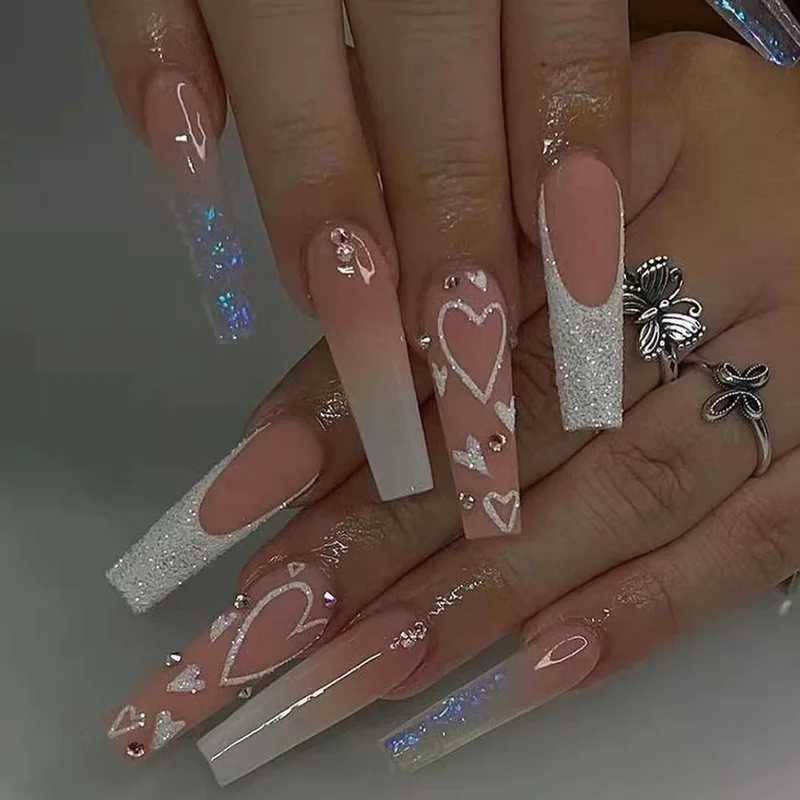 False Nails 24st Long Ballet Fake Nails Press On Wearable Coffin False Nails With Lim Glitter Leaves Design Full Cover Nail Tips Manicure T240507