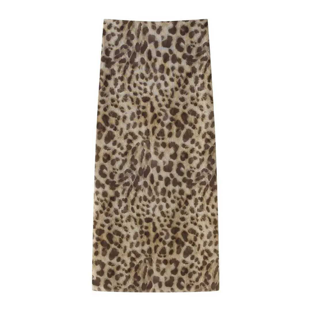 التنانير Traf Leopard Print Tulle Tulle للتنورات للنساء عالي الخصر تنورة طويلة نساء شاطئ Summer Beach Generts Streetwear Straight Midi Skirt Q240507