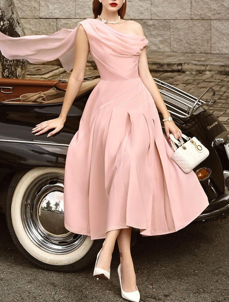 Modern A-Line Prom Dresses One-Shoulder Sleeveless Tea-Length Ruffle Pick-ups Dress With Wrap Celebrity Evening Dresses Plus Size Custom Made B5004